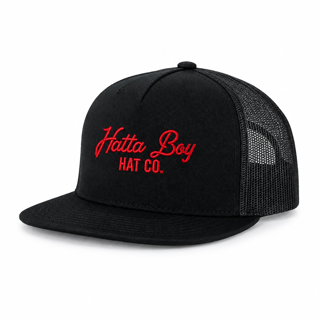 Stay Classy Black/Red hat with bill pointing left on a white background