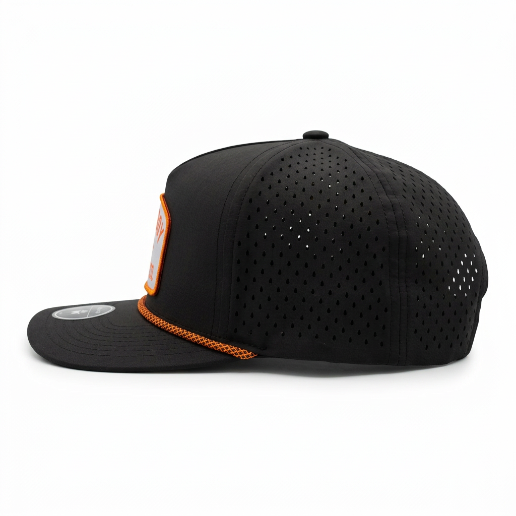 Game Day Performance Black and Orange hat, side view on white