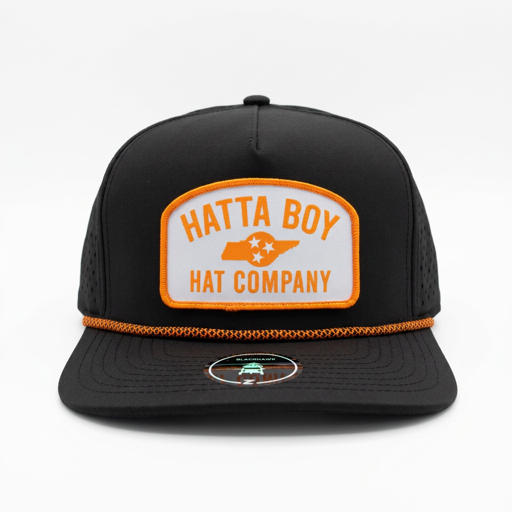 Game Day Performance Black and Orange hat, front view on white