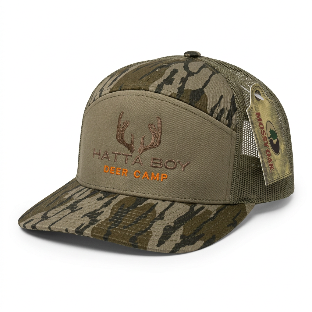 DEER CAMP camouflage hat, angled view on white background