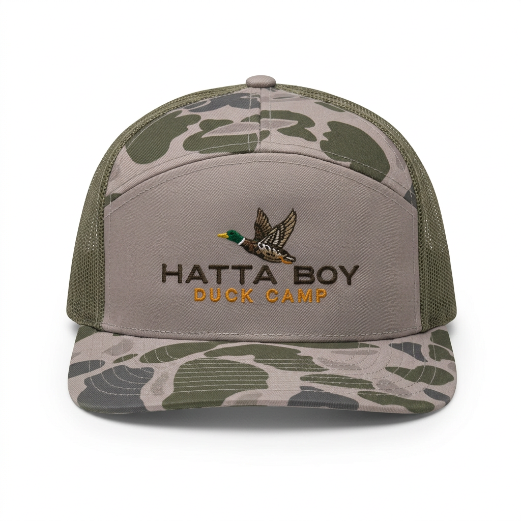 DUCK CAMP camouflage hat, front view on white background