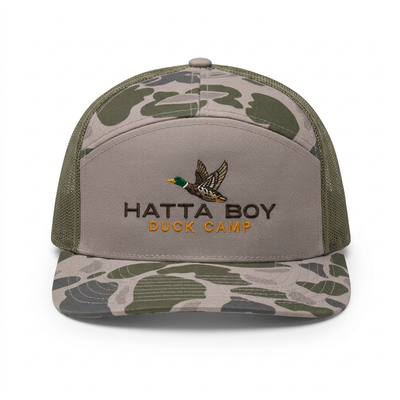 DUCK CAMP camouflage hat, front view on white background