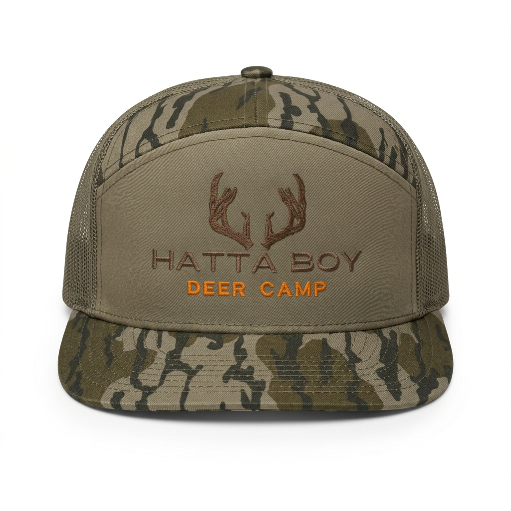 DEER CAMP camouflage hat, front view on white background
