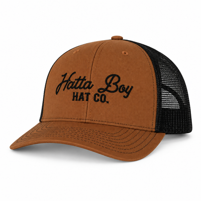 Just Workin Brown hat with bill pointing left on a white background