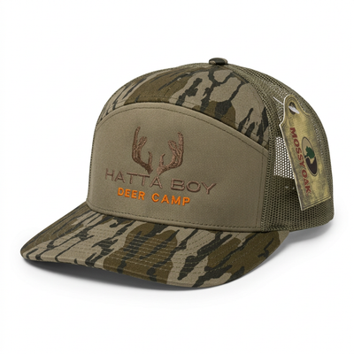 DEER CAMP camouflage hat, angled view on white background