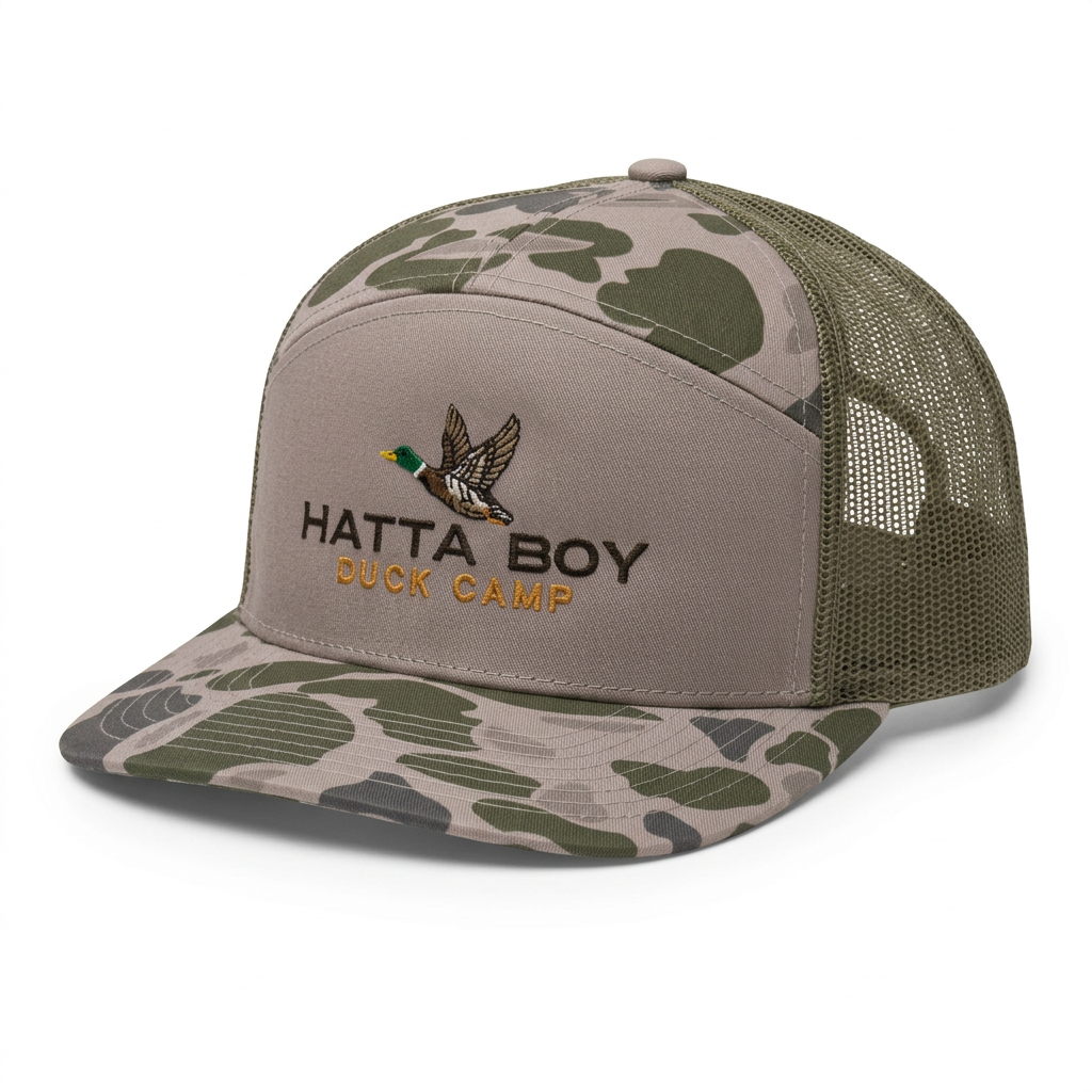 DUCK CAMP camouflage hat, angled view on white background